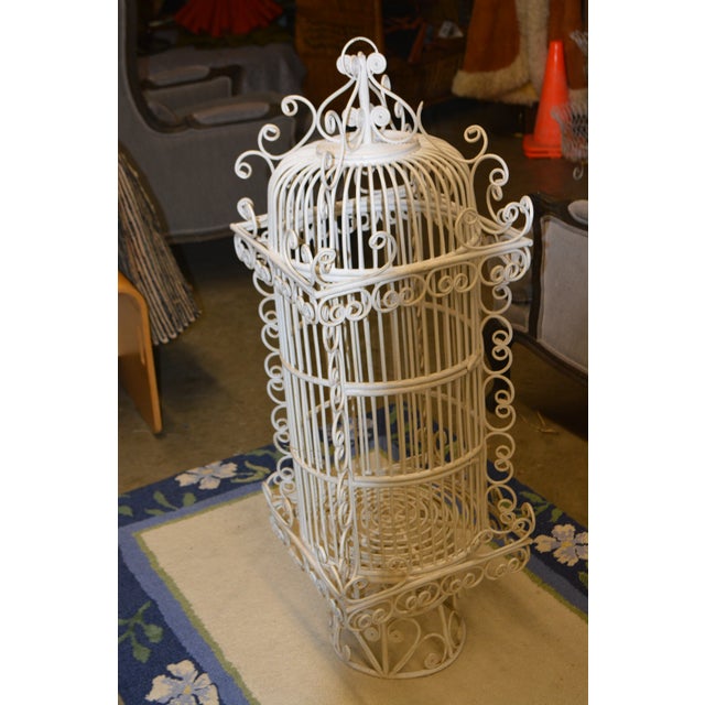 Shabby Chic Vintage Tall White Fern Head Round Wicker Hanging Bird Cage W/ Single Door For Sale - Image 3 of 17