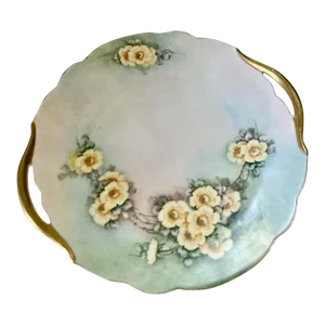 1900's Bavarian Gilt Handled Green & Yellow Floral Porcelain Cake Plate