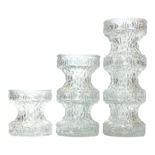 Mid Century Textured Glass Staggered Height Vases by Oberglass Austria - Set of 3 For Sale