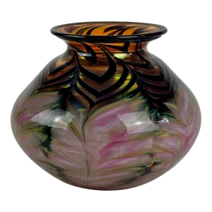 Daniel Lotton Large Feather Design Iridescent Art Glass Paperweight Vase in Pink, Orange, & Green, Circa 1991