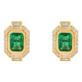 Byzantine Style Zambian Emerald Halo Diamond Earrings- A Pair For Sale