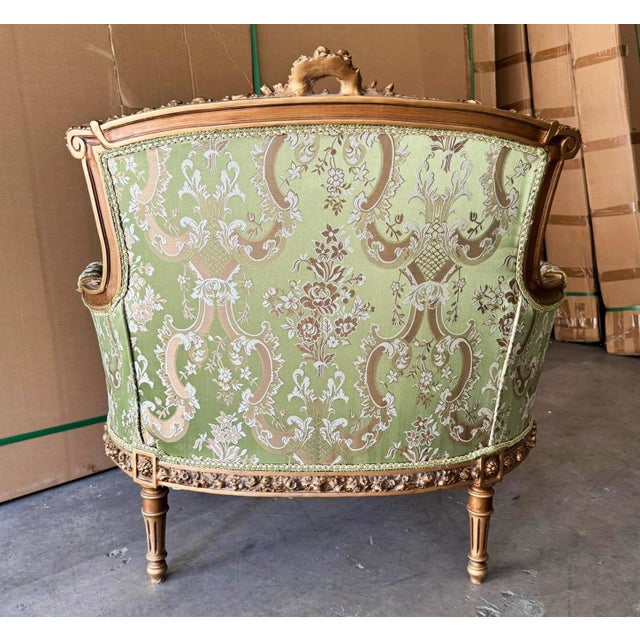 Italian Style Wingback Chair – Military Green Damask Fabric, Gold Accents For Sale In Miami - Image 6 of 7
