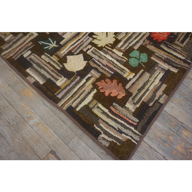 Lofty Brown Color Background With Floral and Symmetrical Patters Design Vintage American Hooked Rug For Sale - Image 11 of 13