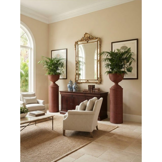 Brown Pair of Vintage Woven Wicker Column Pedestals & Hourglass Urn Planters For Sale - Image 8 of 12