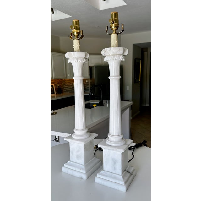 1960s 1960s Tall Italian Column Neoclassic Alabaster Table Lamps - a Pair For Sale - Image 5 of 18