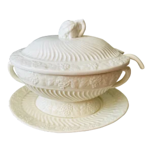 Vintage California Pottery #783 Large White Soup Tureen Swirled with Grapes- 3 Pieces