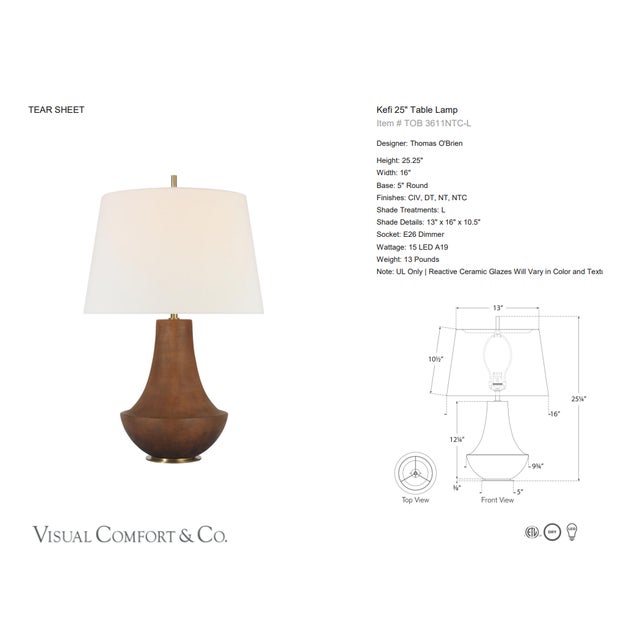 Thomas O'Brien by Visual Comfort Signature Kefi 25" Table Lamp in Natural Terracotta with Linen Shade Designer: Thomas...