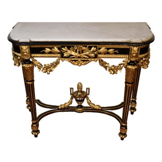 1880s Antique French Louis XVI Gold Gilt and Ebonized Carved Wood & Marble Top Console Table For Sale
