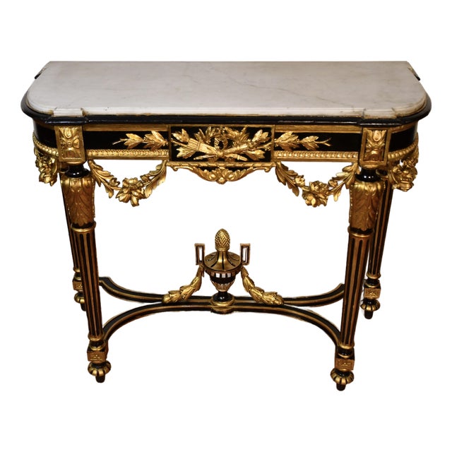 1880s Antique French Louis XVI Gold Gilt and Ebonized Carved Wood & Marble Top Console Table For Sale