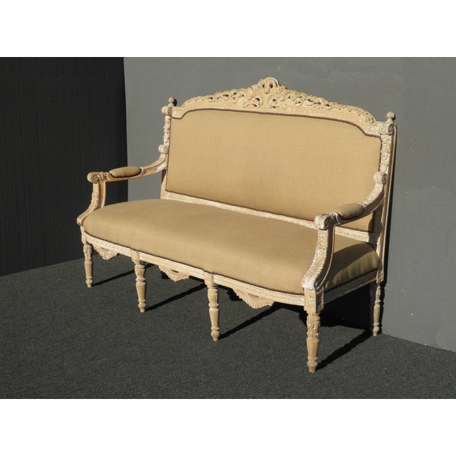 French Provincial Burlap & Carved Wood Settee Chairish