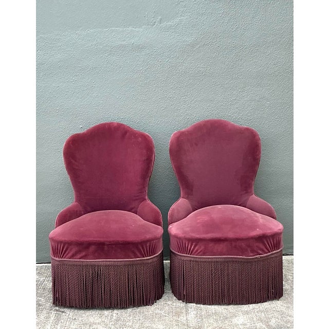 French Vintage Camel Back Slipper Chairs - A Pair For Sale - Image 3 of 12