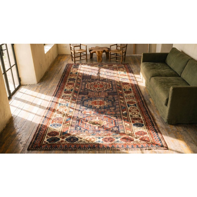 1890s Blue Navy Geometric Tribal Antique Caucasian Kazak Rug 4' X 10'5" Handknotted Wool Carpet For Sale In New York - Image 6 of 7