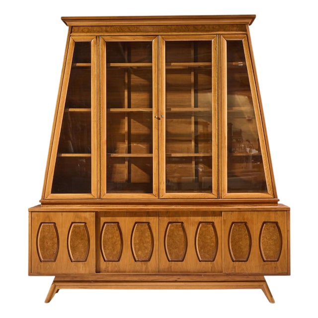 Young Manufacturing Mid Century Walnut and Burlwood Sliding Door Credenza and Hutch For Sale