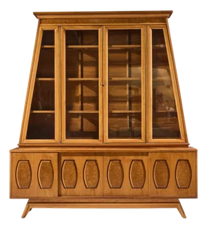 Young Manufacturing Mid Century Walnut and Burlwood Sliding Door Credenza and Hutch