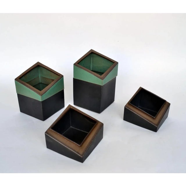 Vintage Sculptural Square Boxes Glazed in Green and Black, 1980s, Set of 2 For Sale - Image 4 of 8