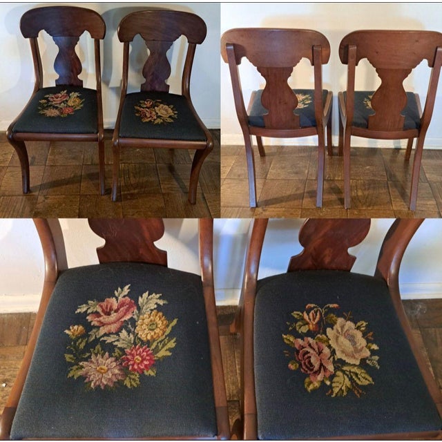 Wood Set of 6 Hickory Chair–Style American Empire Dining Chairs With Unique Floral Needlepoint For Sale - Image 7 of 12