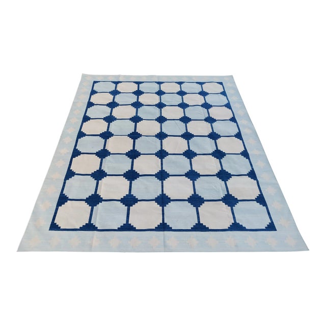 Handmade Cotton Natural Vegetable Dyed Reversible Light and Indigo Blue and White Box Pattern Vista Rug - 8'x10' For Sale