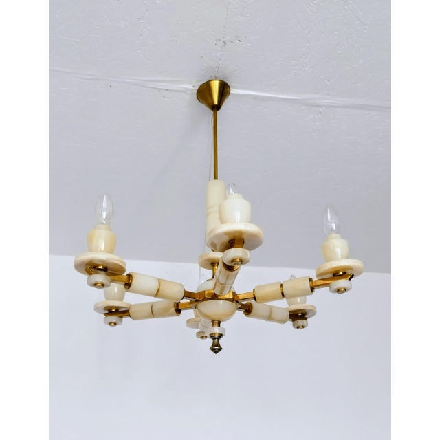 1980s Italian Onyx Brass Vintage Marble Chandelier Lighting Ceiling Fixture Light 6 Arms For Sale - Image 13 of 15