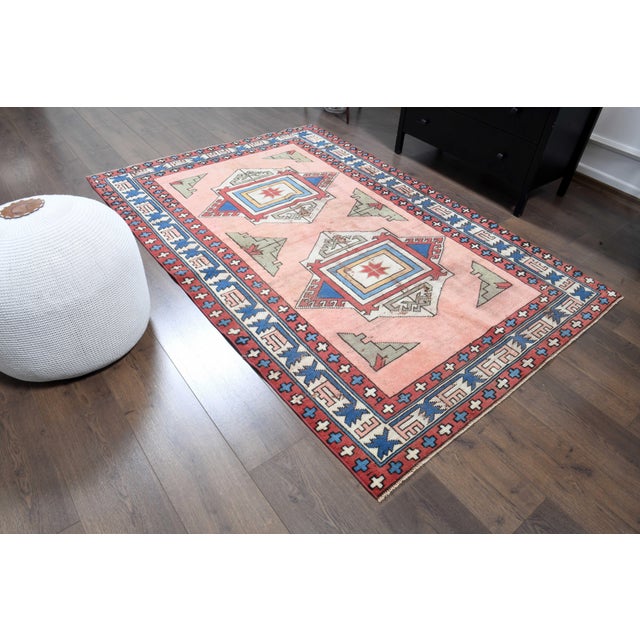 1970s Vintage Handmade Wool Cotton Pink Area Rug For Sale - Image 4 of 11