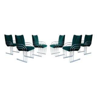 Mid-Century Modern Chrome frames with deep green channel-tufted upholstery Dining Chairs For Sale