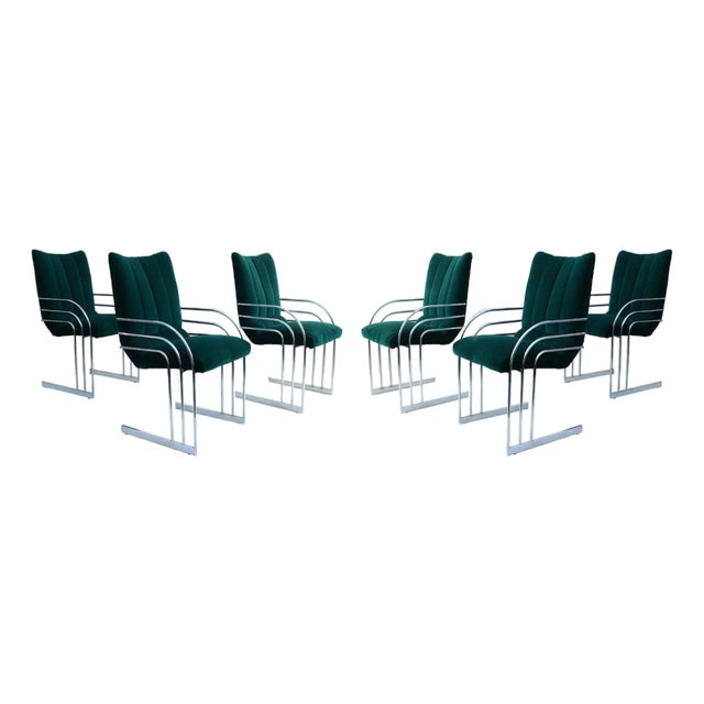 Mid-Century Modern Chrome frames with deep green channel-tufted upholstery Dining Chairs For Sale