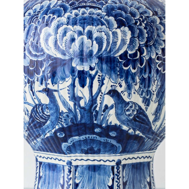 Large Blue and White Hand-Painted Table Lamp with New Terracotta Silk Lampshade from Royal Delft, 1948 For Sale - Image 4 of 16