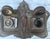 French Art Nouveau double inkwell desk stand. Cast from heavy metal with a dark aged patina featuring a figural maiden...