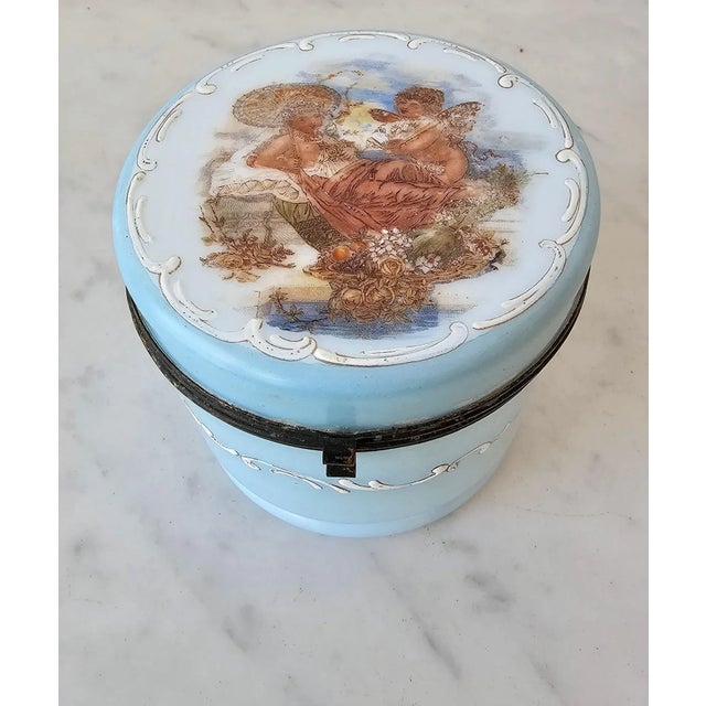 Beautiful antique Victorian era enameled blue opaline milk glass dresser box, (jewel casket - trinket case - decorative...