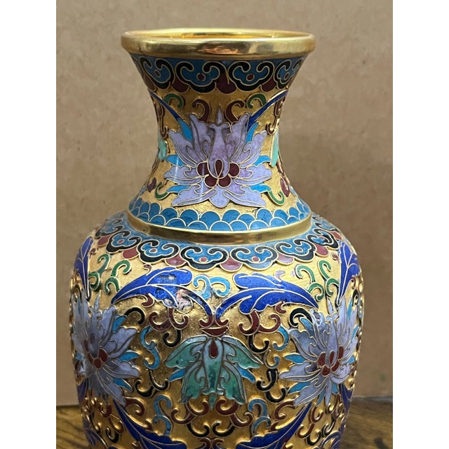 Chinese Vintage Chinese Gilt Cloisonné Enamel Floral Vase, Beijing, Mid-Century, 8” For Sale - Image 3 of 8
