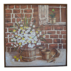 Vintage Circa 1970 American Mid Century Modern Daisies in Flower Pot Framed Oil Painting on Canvas
