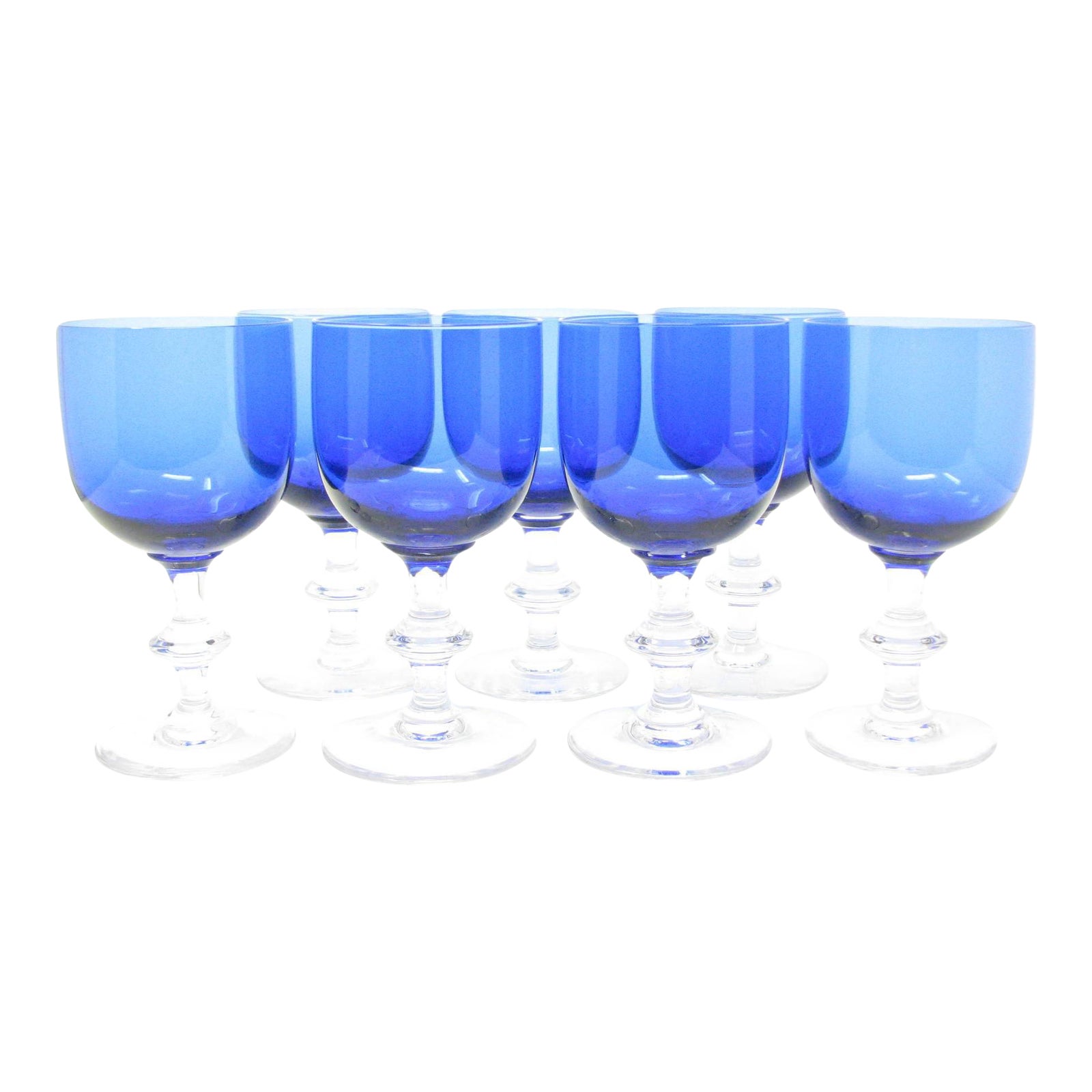 Vintage Cobalt Blue Glass Goblets With Clear Wafer Stem Set Of 7 Chairish vintage cobalt blue glass goblets with clear wafer stem set of 7