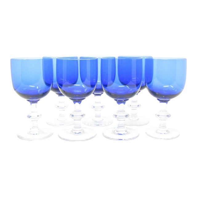 Vintage Cobalt Blue Glass Goblets With Clear Wafer Stem Set Of 7 Chairish A wide variety of vintage cobalt blue options are available to you, such as glass, 100% polyester. vintage cobalt blue glass goblets with clear wafer stem set of 7
