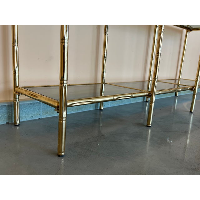 Mid-Century Modern Faux Bamboo Brass Etagere With Stair Form and Smoked Glass For Sale - Image 11 of 12