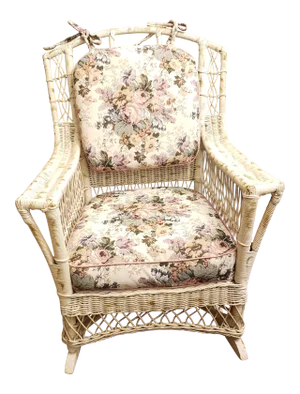 1800s Antique Heywood Wakefield Large Wicker Rocking Arm Chair With Springs Seat