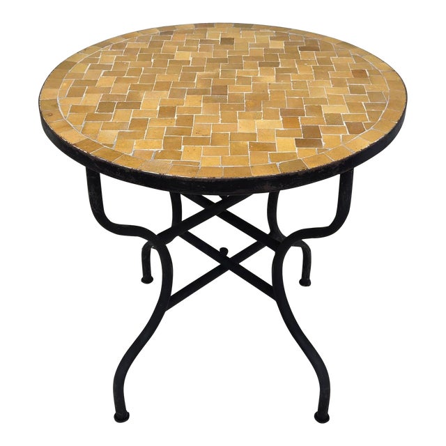 30" Moroccan Round Mosaic Table, Honey Mustard Bejmat Style / Squares For Sale