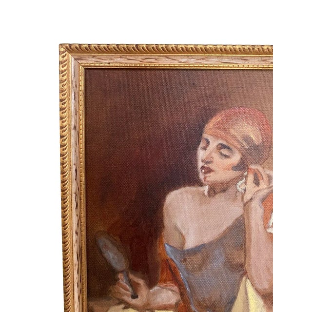 Figurative Contemporary Oil on Canvas Painting of a Art Deco Woman in Sheer Clothing For Sale - Image 3 of 7