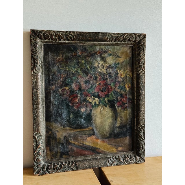 Impressionist Antique Belgian Oil Painting, Moody Florals (1920) For Sale - Image 3 of 5