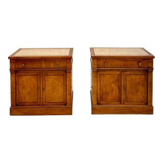 Pair of White Furniture Travertine Topped Wood Nightstands For Sale