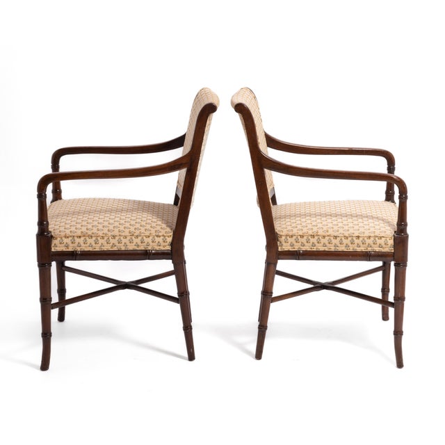 1960s Regency Style Mahogany Bamboo Armchairs With Original Upholstery - A Pair For Sale - Image 5 of 15