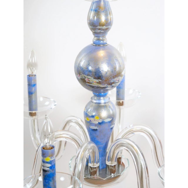 Cornflower Blue Monet Water Lilies Blue / Silvered Decoupage Glass Chandelier For Sale - Image 8 of 12