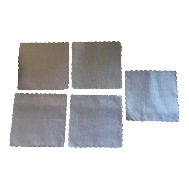 Frette Cocktail Napkins Blue Linen Scalloped Set of 5 Made in Italy Circa 1980s For Sale