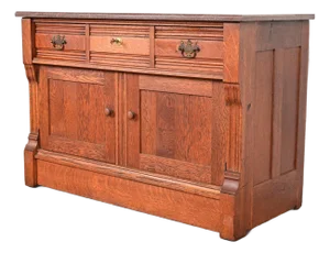 Antique Victorian Carved Oak Marble Top Sideboard Buffet or Bar Cabinet, Circa 1890s
