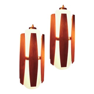 Sale 1960s Modeline Danish Modern Double Pendant Teak & White Glass Hanging Ceiling Lights For Sale