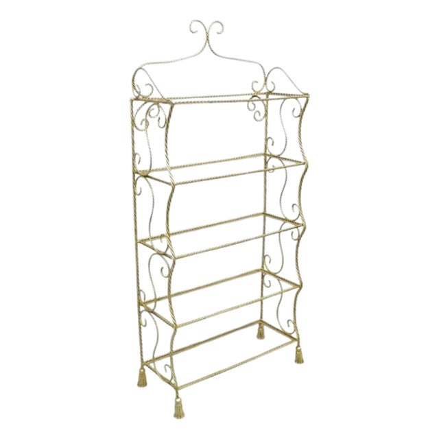 Mid 20th Century Italian Hollywood Regency Iron Rope Tassel Silver Gold 5 Tier Etagere Bookcase For Sale