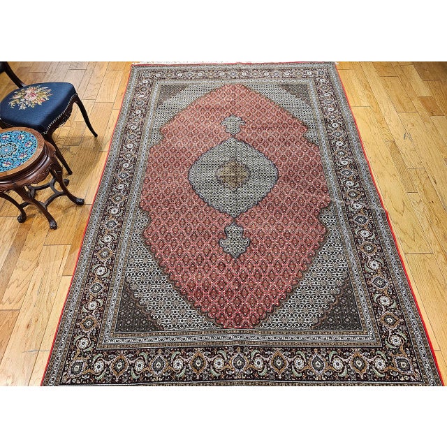 Antique Tabriz Mahi Rug, Hand-Knotted Wool & Silk, Herati Geometric Pattern, Red & Ivory, 7x10 For Sale - Image 9 of 17