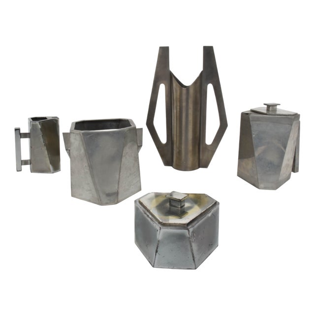 Art Deco Cubista Pewter Table Objects and Vase, 1920, Set of 5 For Sale