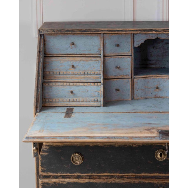 Wood 19th Century Period Gustavian Slant-Front Desk with Black Exterior and Blue Interior For Sale - Image 7 of 13
