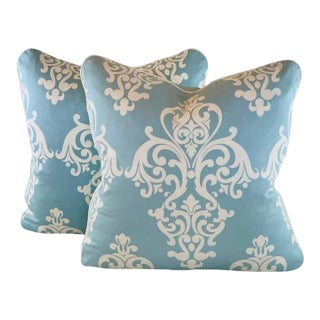 Pair of Designer Vicki Payne Free Spirit Aqua Cream Damask Fleur De Lis Scroll Pillow Covers For Sale