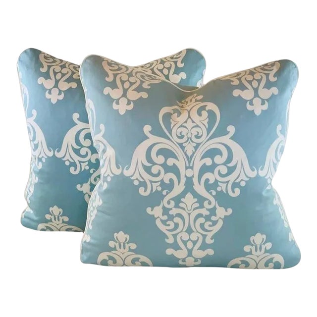Pair of Designer Vicki Payne Free Spirit Aqua Cream Damask Fleur De Lis Scroll Pillow Covers For Sale