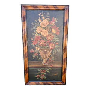 Large Vintage Wood Panel Painted Floral Urn Tortoiseshell Framed Wall Art
